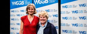 Outgoing President Olivia Hetreed with new Chair Sandi Toksvig (right)