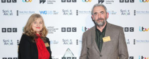 Andrea Gibb, Best Screenplay presenter, with joint winner Simon Blackwell (alongside Armando Iannucci)