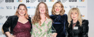 Taylor Glenn, Hannah George, Catie Wilkins (Best Online Comedy winners) with presenter Helen Lederer