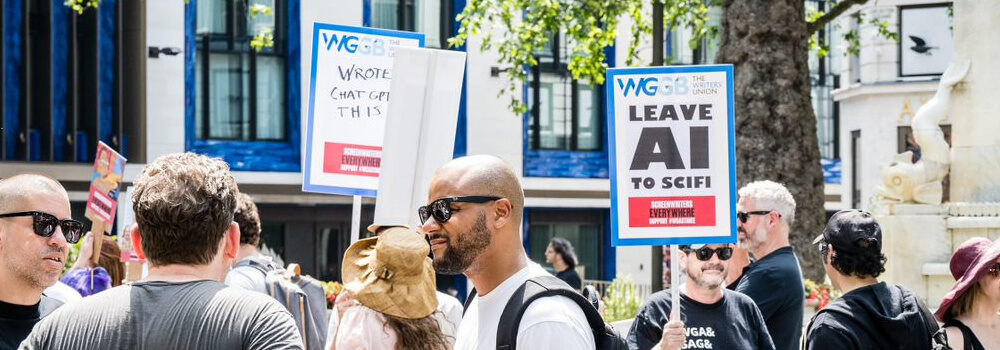 Writers with placards on AI at a WGGB protest in Leicester Square