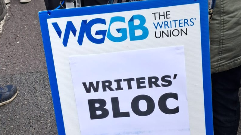 WGGB placard spelling out Writers' Bloc