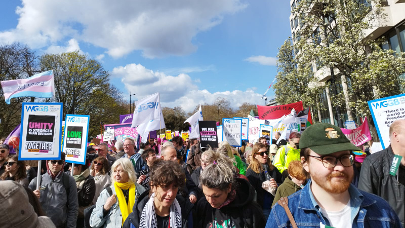 WGGB members with placards and flags on the Together Alliance march against the far-right